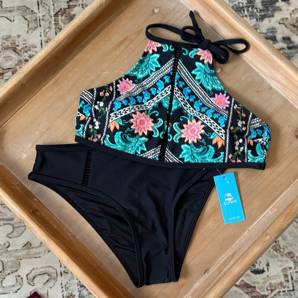 Cupshe Folklore Embroidered Halter Top & Hipster Bottom Swimsuit - Picture 5 of 11